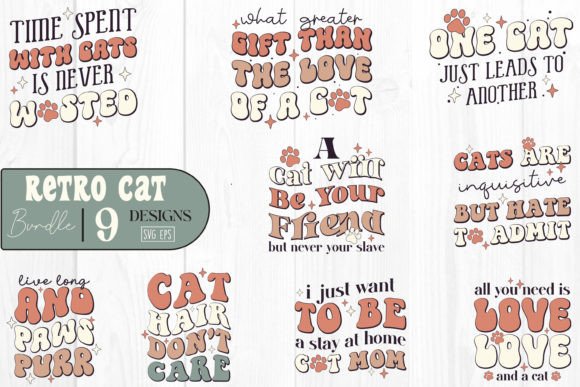 Retro Cat Qoutes SVG Bundle 9 Designs